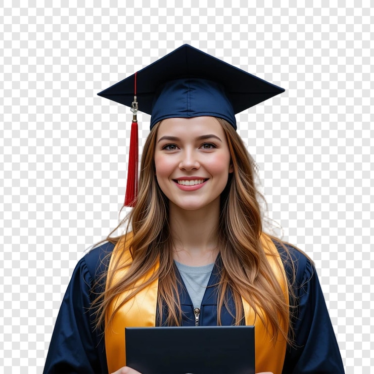 PSD female redhead graduate student with diploma smiling copyspace
