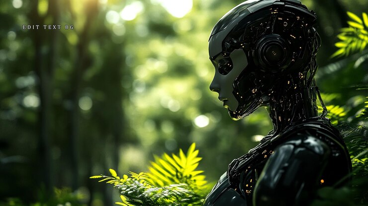 PSD female robot in lush green jungle
