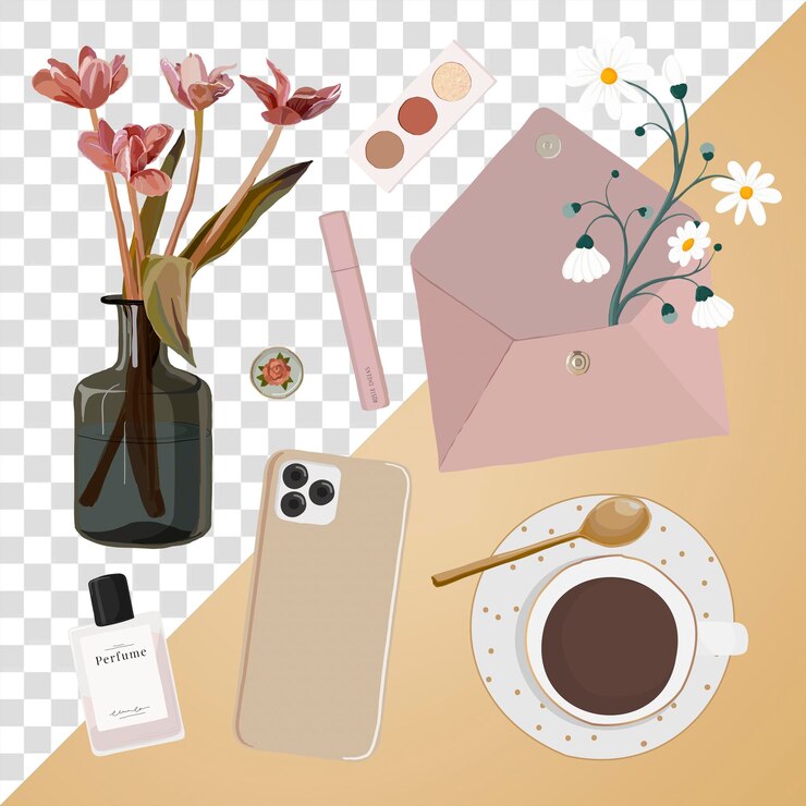 PSD feminine ästhetische clipart png rosa essentials illustrations-set