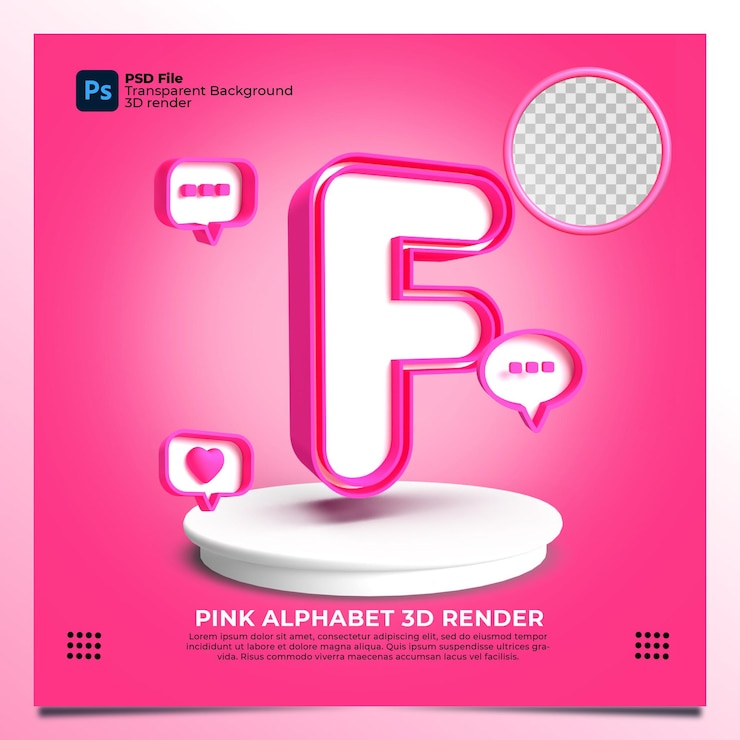 PSD feminismo alfabeto f 3d render con color rosa y elementos