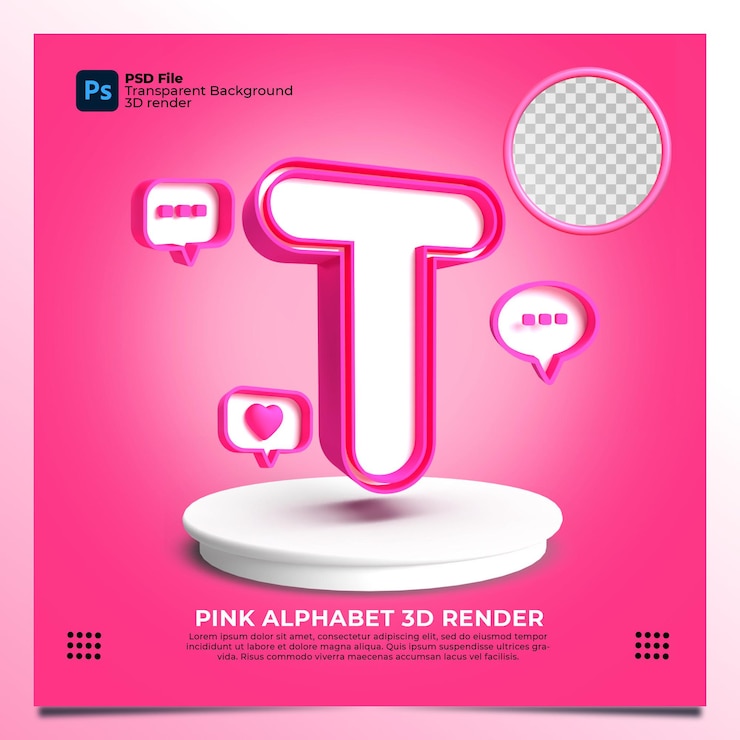 PSD feminismo alfabeto t 3d render con color rosa y elementos