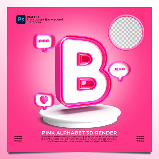 Feminismus alphabet b 3d render mit rosa farbe und elementen