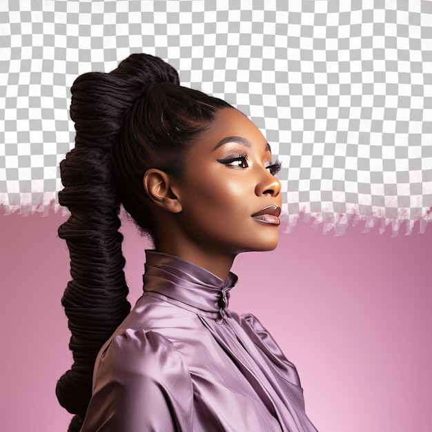 PSD une femme adulte calme aux cheveux longs d'origine africaine vêtue d'une tenue de chorégraphe pose dans un style de silhouette de profil sur un fond de lavande pastel