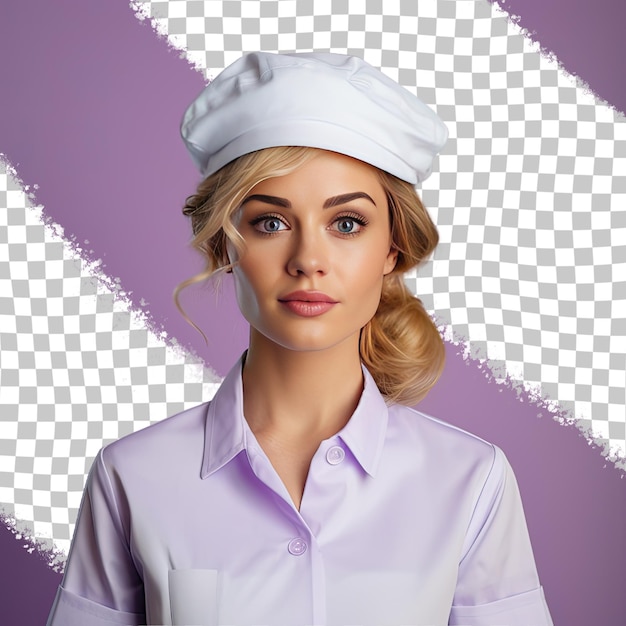 PSD une femme adulte regrettable aux cheveux blonds d'origine ethnique du moyen-orient vêtue d'un costume d'infirmière enregistrée pose dans un style gaze through a prop comme un chapeau contre un backgr pastel lilac