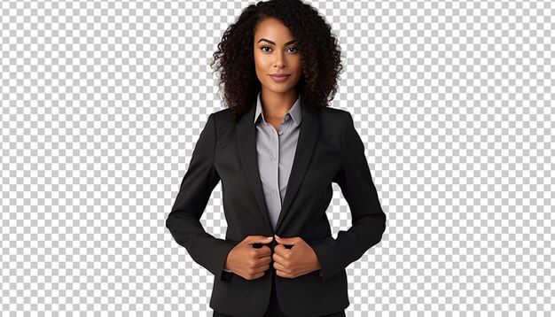 PSD une femme d'affaires afro-américaine confiante dans un costume sur mesure tenant une tablette