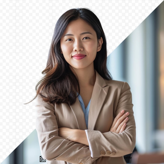 PSD femme d'affaires asiatique debout avec les bras croisés et souriant à la caméra dans un bureau