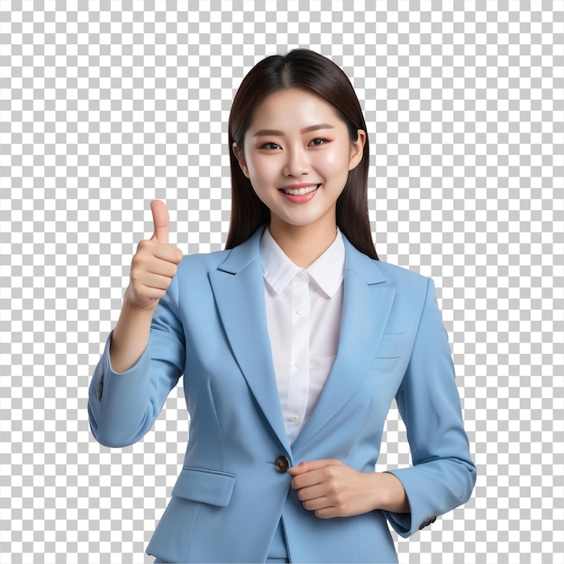 PSD femme d'affaires asiatique avec le pouce en l'air isolé sur un fond transparent