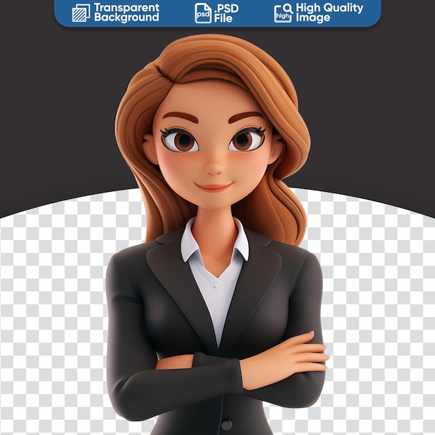 PSD une femme d'affaires dans une illustration de dessin animé 3d simple avec des bras croisés.