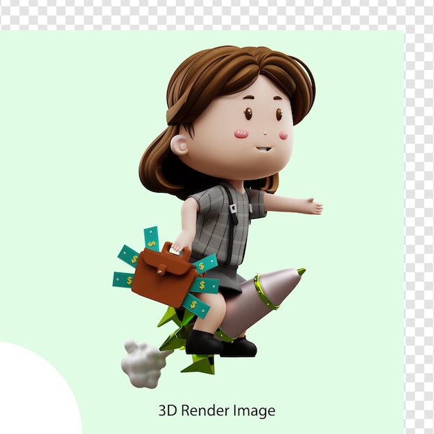 PSD femme d'affaires de personnage de dessin animé illustration 3d avec fusée