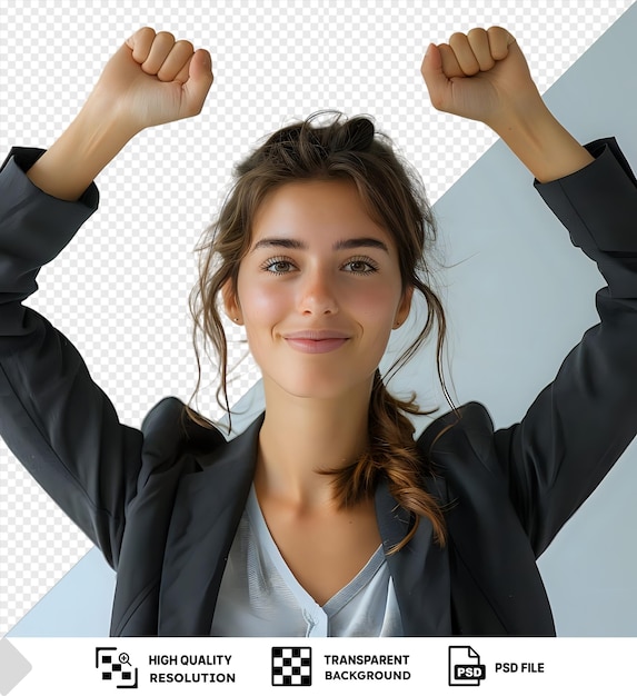 PSD femme d'affaires réussie isolée avec les bras en l'air portant une chemise grise et des cheveux bruns avec des yeux bleus et bruns et un petit nez debout devant un mur blanc png