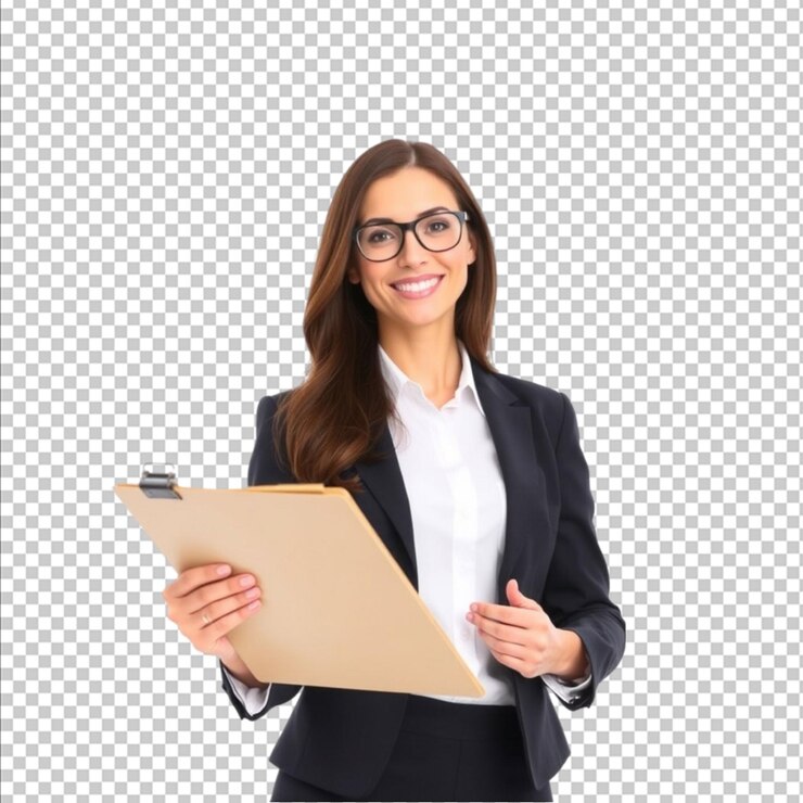 PSD une femme d'affaires tenant un bloc-notes vêtue d'une tenue professionnelle sur un fond blanc