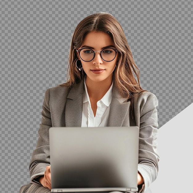 PSD une femme d'affaires utilisant un ordinateur portable isolé sur un fond transparent