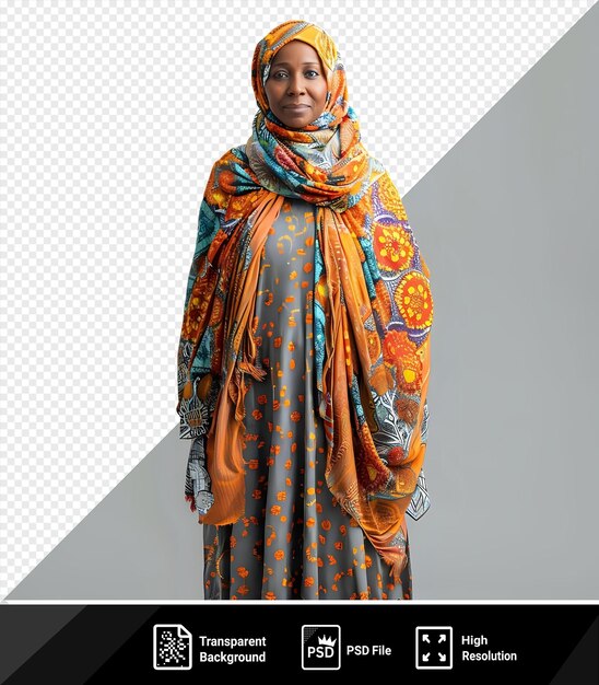 PSD une femme africaine incroyable en vêtements décontractés debout devant un mur gris et blanc portant un foulard bleu png