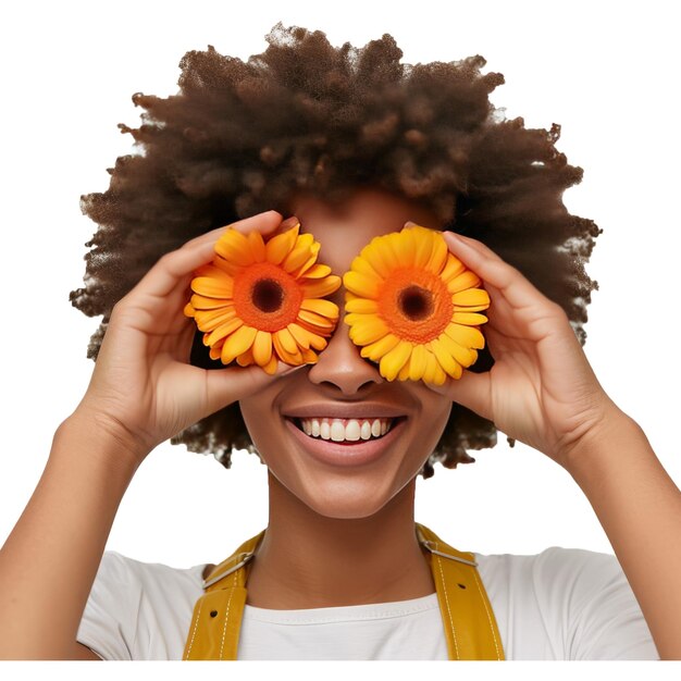 Une Femme Afro-américaine Positive Et Ludique Couvre Les Yeux Avec Deux Gerberas Orange