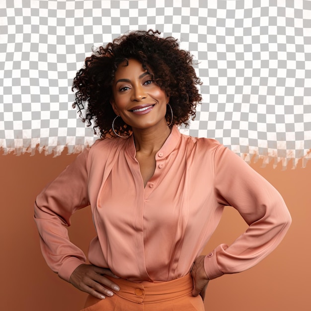 PSD une femme d'âge moyen avec des cheveux ondulés de l'ethnie afro-américaine vêtue d'une tenue de chorégraphe pose dans un style leaning against a wall sur un fond de pêche pastel