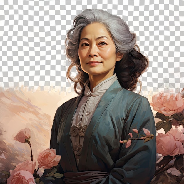 PSD une femme âgée apathique aux cheveux longs d'origine ethnique d'asie de l'est vêtue de vêtements historiques pose dans un style looking over the shoulder sur un fond de rose pastel