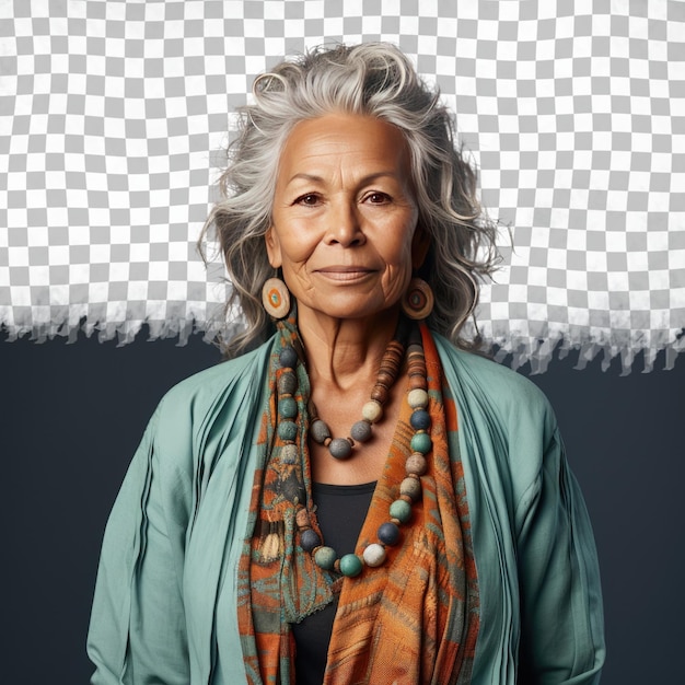 PSD une femme âgée calme aux cheveux ondulés de l'ethnie aborigène australienne habillée en créant une tenue de poterie pose dans un style one hand on waist sur un fond vert pastel