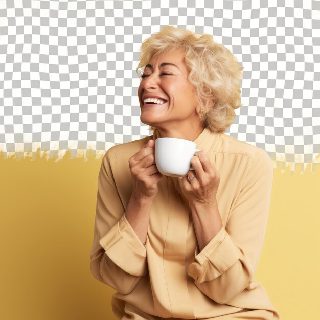 Une Femme âgée Compatissante Aux Cheveux Blonds D'origine Ethnique Du Moyen-orient Vêtue D'une Tenue De Café De Brassage Pose Dans Un Style De Rire Avec La Main Couvrant La Bouche Contre Un Ba De Crème Pastel