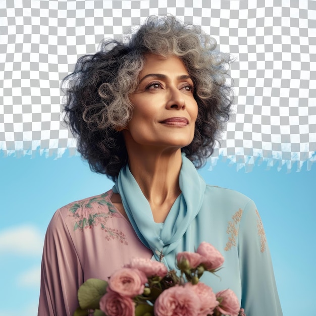 PSD une femme âgée compatissante aux cheveux bouclés d'origine ethnique du moyen-orient vêtue d'une tenue de fleuriste pose dans un style gentle hand on cheek sur un fond bleu ciel pastel