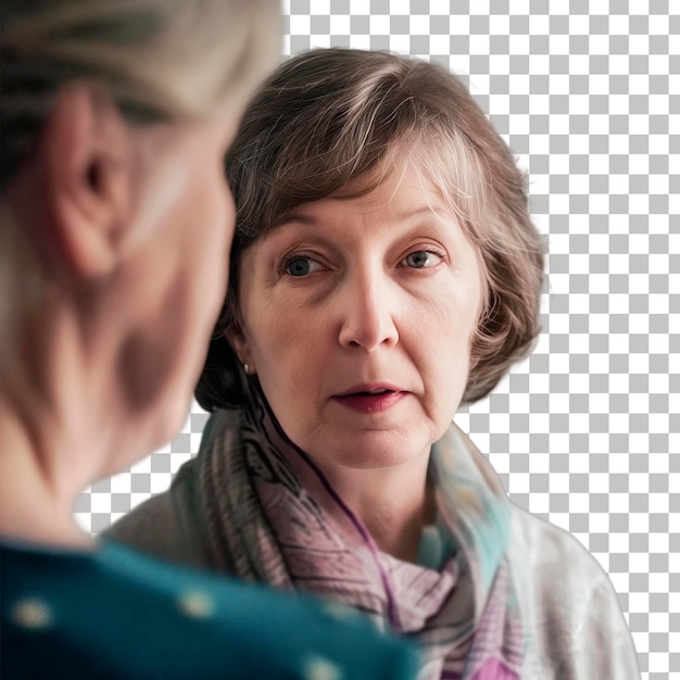 PSD une femme âgée avec une expression contemplative reflétée dans le verre isolée sur un fond transparent