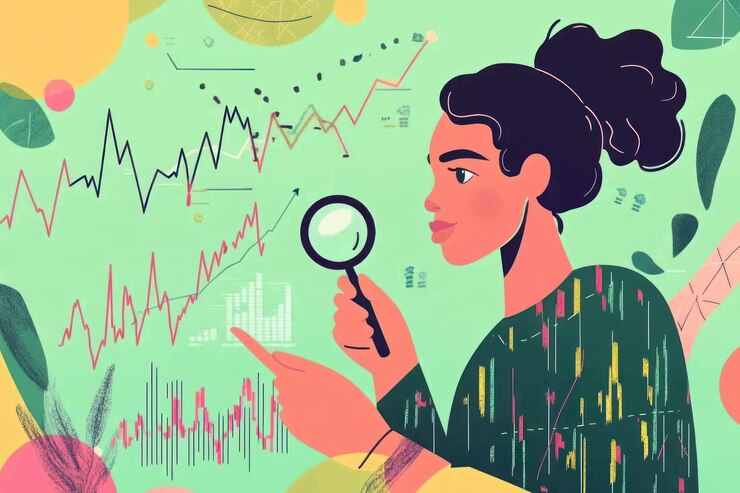 PSD femme analysant des données financières avec une loupe