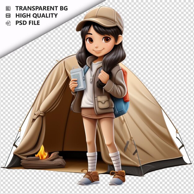 PSD femme asiatique en camping en 3d style dessin animé à fond blanc iso