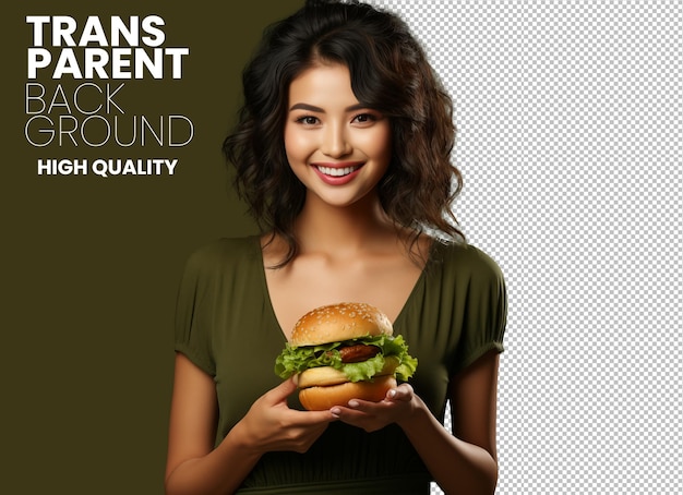 PSD une femme asiatique heureuse porte un hamburger dans sa main.