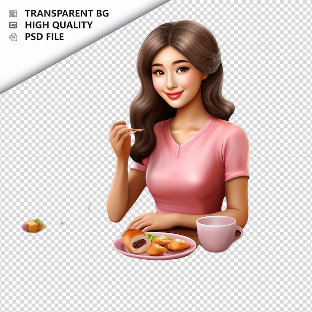PSD femme asiatique à manger en 3d style dessin animé à fond blanc isolé