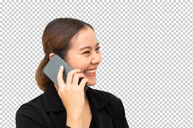 femme asiatique, parler téléphone, et, sourire