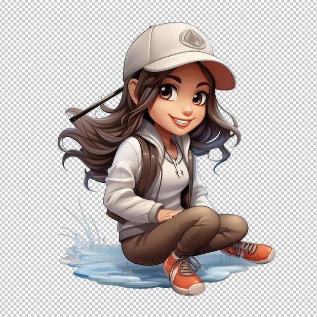 PSD femme asiatique à la pêche en 3d style dessin animé iso d'arrière-plan transparent