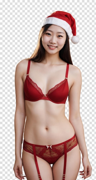 PSD femme asiatique portant un chapeau de père noël et une lingerie rouge isolée sur un fond transparent