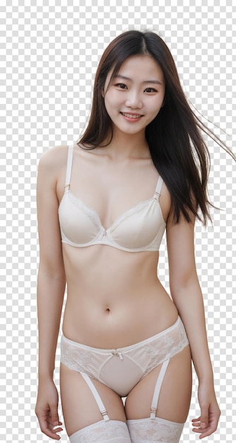 Femme Asiatique Portant Un Soutien-gorge Et Une Culotte Blanches Isolée Sur Un Fond Transparent