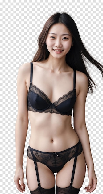 PSD une femme asiatique posant pour une photo en lingerie noire isolée sur un fond transparent
