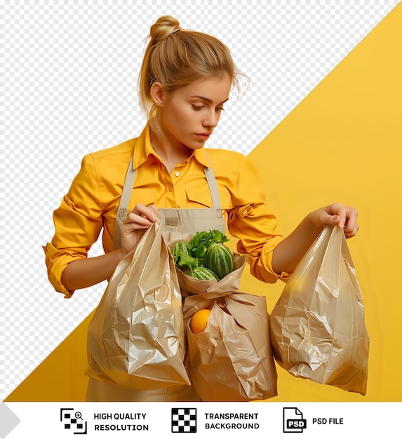 Femme Au Foyer Blonde Isolée Déballant Des Sacs Avec De La Nourriture, Y Compris Un Sac En Plastique Et Un Sac Blanc, Alors Qu'elle Se Tient Devant Un Mur Jaune, Elle Porte Une Chemise Jaune Et A Un Brun Et Blond Png Psd