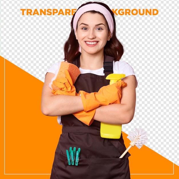 Femme au foyer tenant des produits de nettoyage à fond transparent