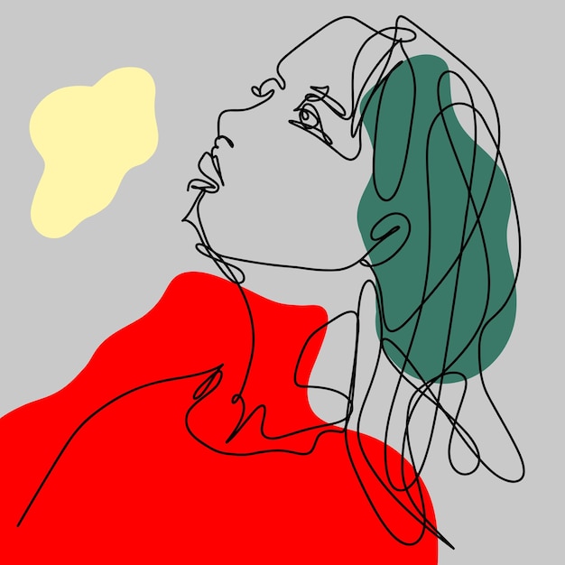 une femme aux cheveux longs et une chemise rouge avec une fleur jaune au milieu