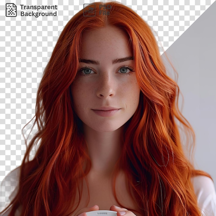 PSD une femme aux cheveux orange tient une tasse blanche dans sa main mettant en valeur ses yeux bleus et marron, son petit nez et ses sourcils marron