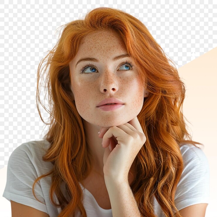 PSD une femme aux cheveux roux et une chemise blanche qui dit im a