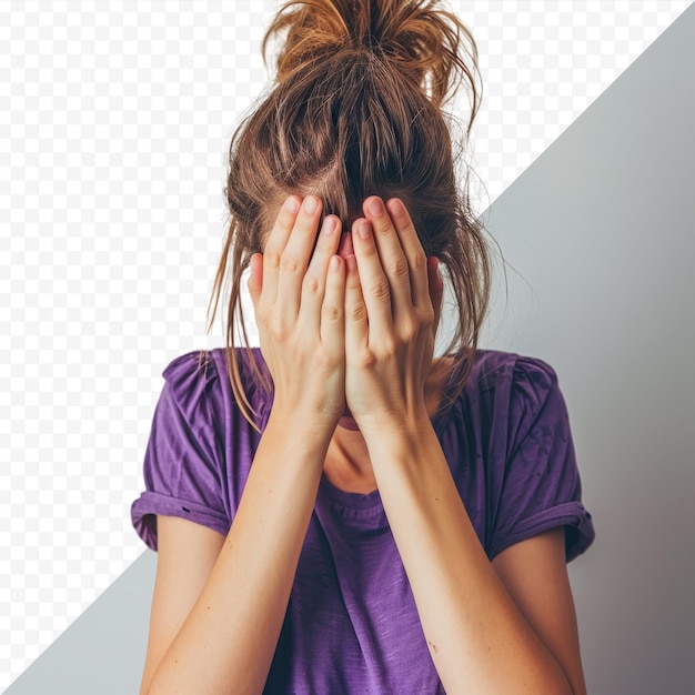 PSD une femme blanche portant un t-shirt violet isolée sur un fond isolé de studio couvrant son visage avec ses mains étant dévastée et pleurant concept triste