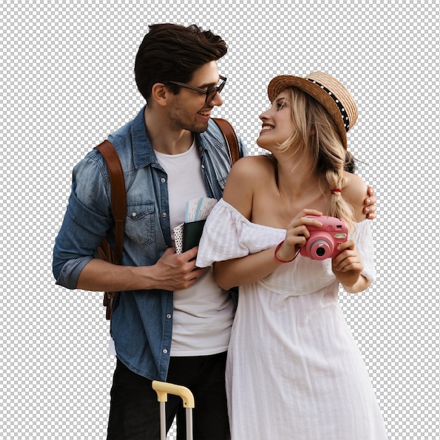 Une femme blonde avec un chapeau et une robe blanche sourit à son petit ami et tient une caméra rose.