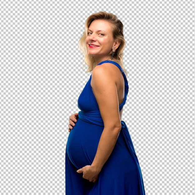 PSD femme blonde enceinte avec une robe bleue