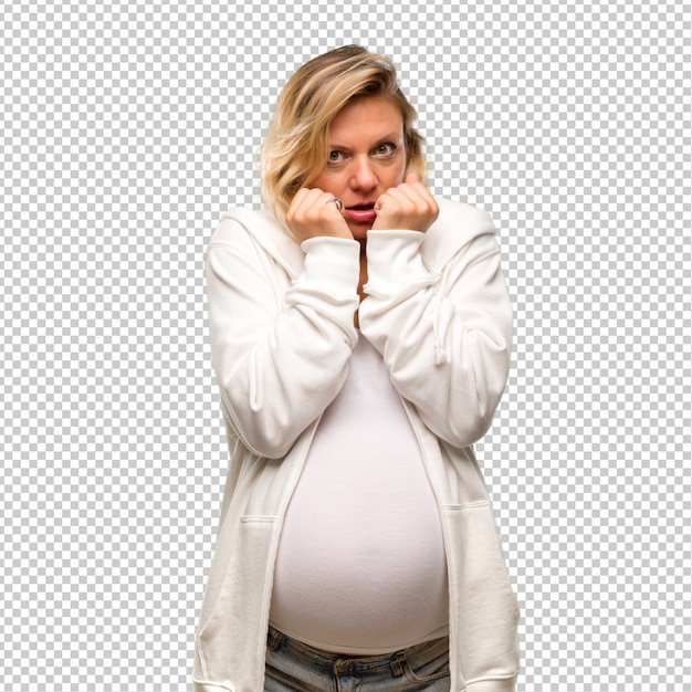 PSD femme blonde enceinte avec sweat-shirt blanc est un peu nerveux et peur