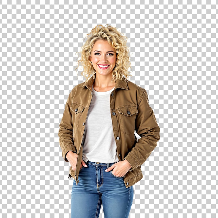 PSD une femme blonde souriante en veste brune sur un fond transparent