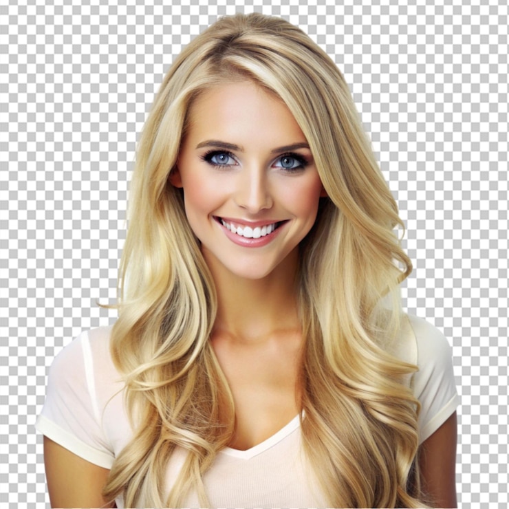 PSD une femme blonde avec un sourire et des cheveux longs sur un fond transparent