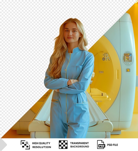 PSD femme blonde unique en uniforme bleu debout près de l'appareil d'irm sur le sol jaune avec les cheveux longs coulants png
