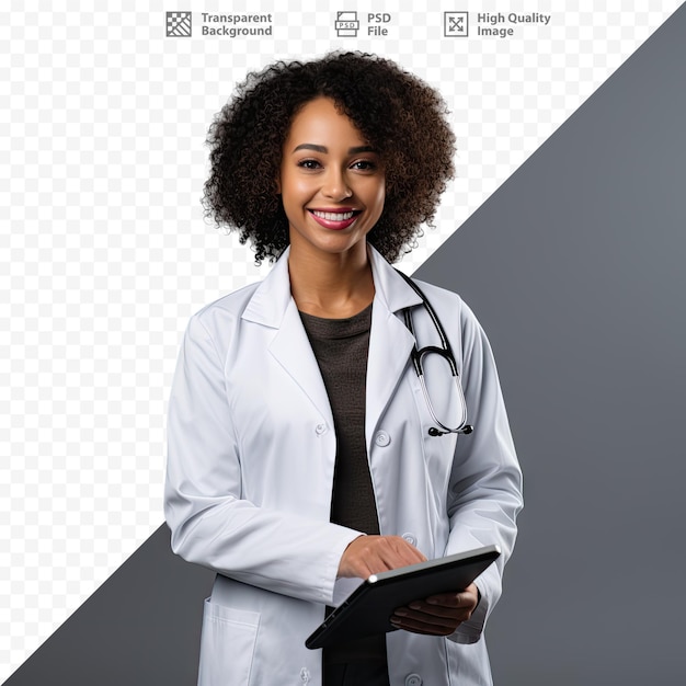 PSD une femme en blouse de laboratoire tient une tablette avec les mots « services médicaux » dessus.
