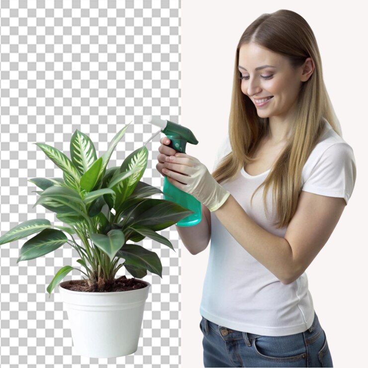 PSD femme avec une bouteille de pulvérisation pulvérisant une plante d'intérieur sur un fond transparent