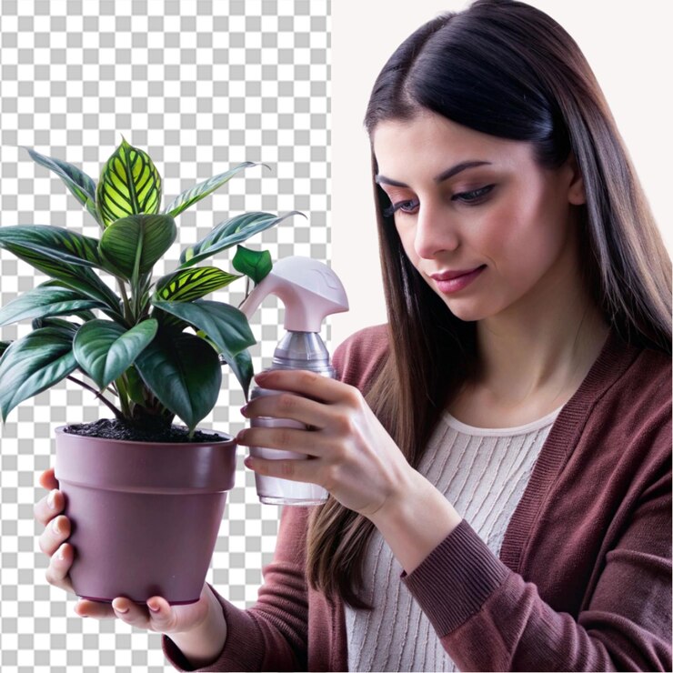 PSD femme avec une bouteille de pulvérisation pulvérisant une plante d'intérieur sur un fond transparent