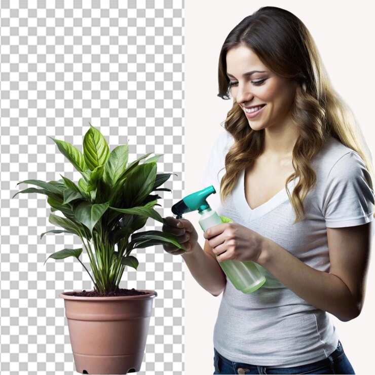 PSD femme avec une bouteille de pulvérisation pulvérisant une plante d'intérieur sur un fond transparent
