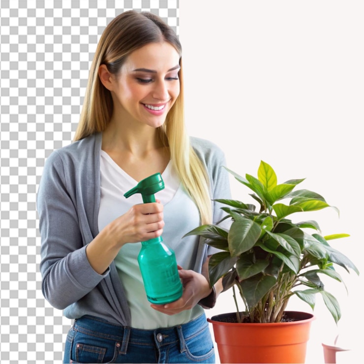PSD femme avec une bouteille de pulvérisation pulvérisant une plante d'intérieur sur un fond transparent